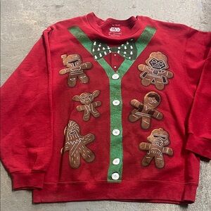 Star Wars Men's Red Crewneck Sweater with Green Trim and Gingerbread Characters